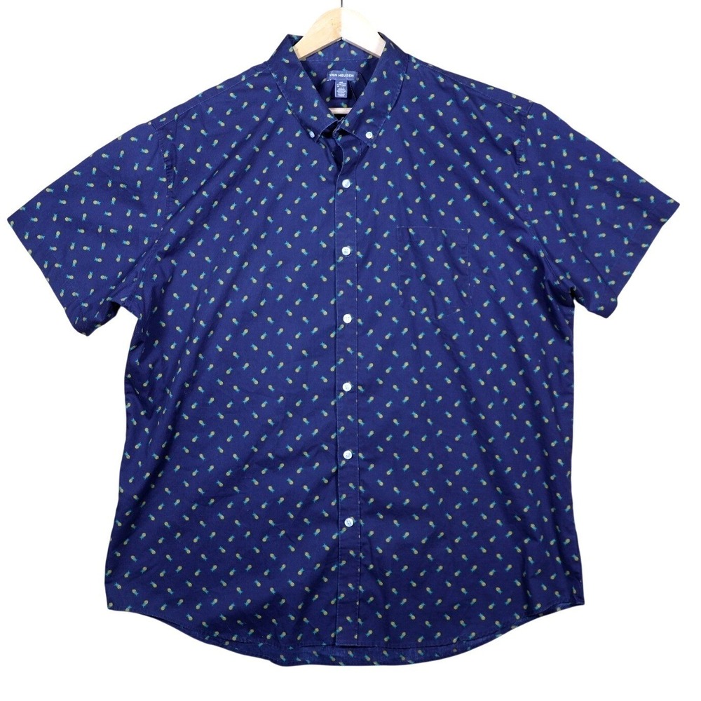 Van Heusen Mens XXL Navy Blue Pineapple Print Short Sleeve Button Down Shirt